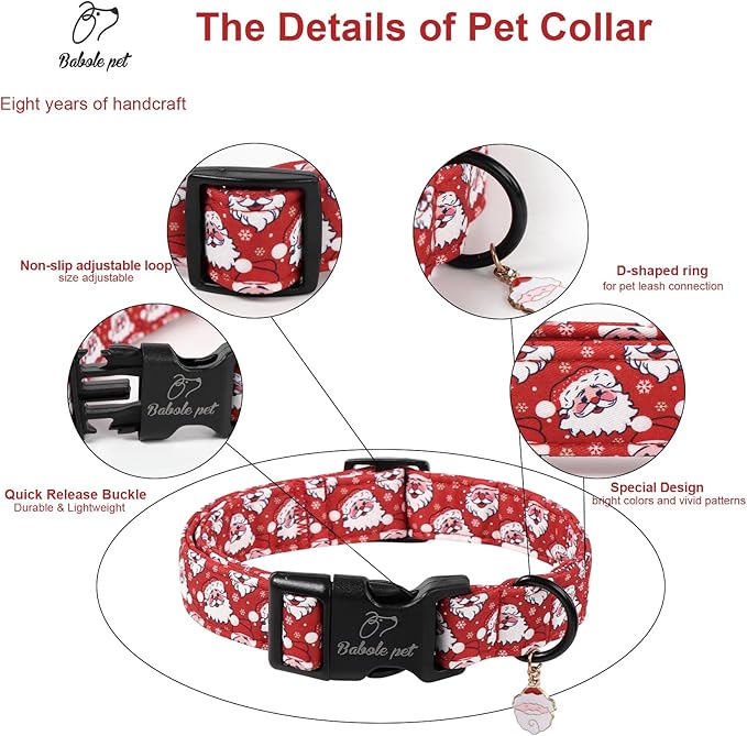 Babole Pet Christmas Dog Collar - Cute Red Santa Christmas Puppy Collar with Safety Buckle, Soft Adjustable Holiday Dog Collars for Small Medium Large Dogs XS