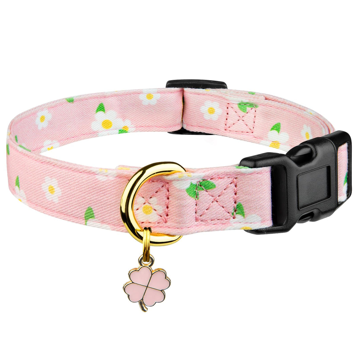 Cotton Dog Collar Pink Flower with Pendant Cute Dog Collar S