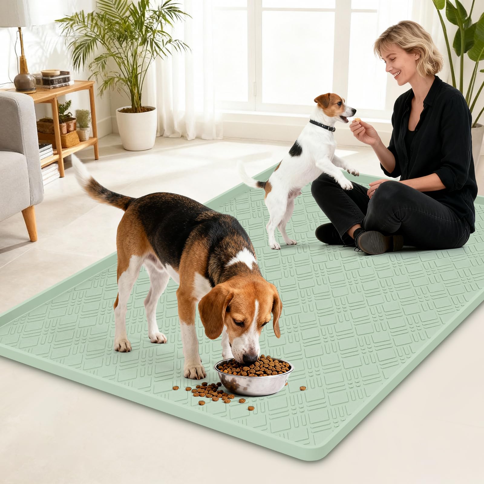 Lanstics Dog Food Mat 42" x29" Silicone Mat with Raised Edge Light Green