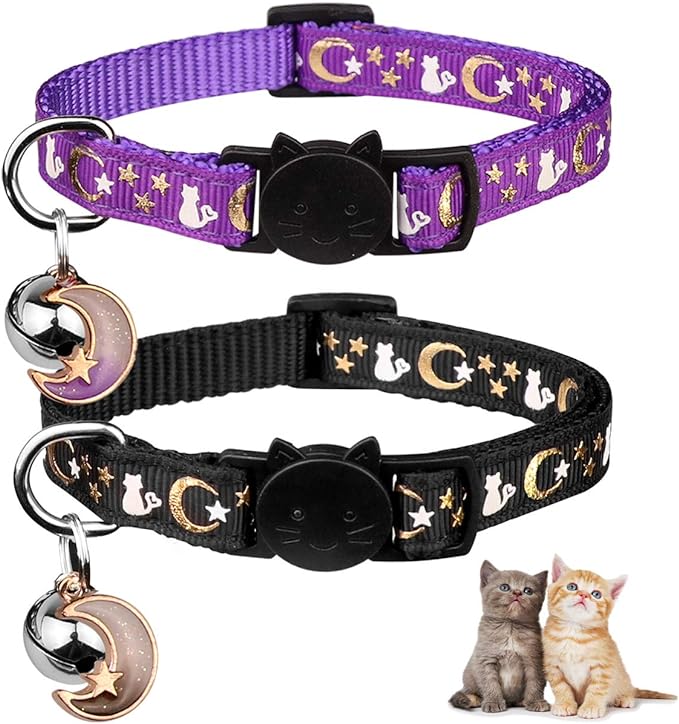 Baeuppit 2PCS Breakaway Cat Collars with Bell Cute Kitty Glow in The Dark Adjustable Kitten Collars 7.9-13.0 Inch(Teal&Purple)