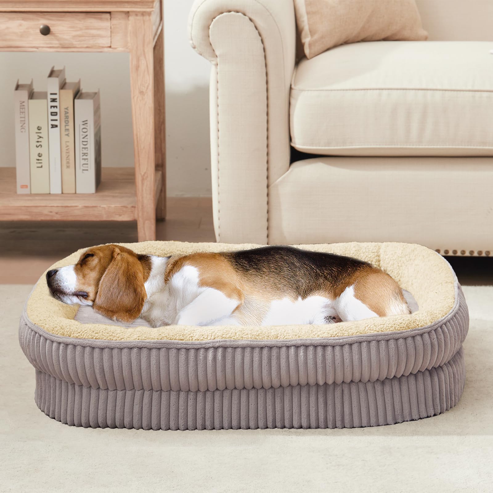 DEBANG HOME Orthopedic Dog Bed for Medium, Large Dogs Breeds, High Density Egg Crate Foam Dog Sofa Beds with Four Sided Bolster,Oval Kennel Bed, Pet Couch Bed,Removable Washable Cover& Non-Slip Bottom