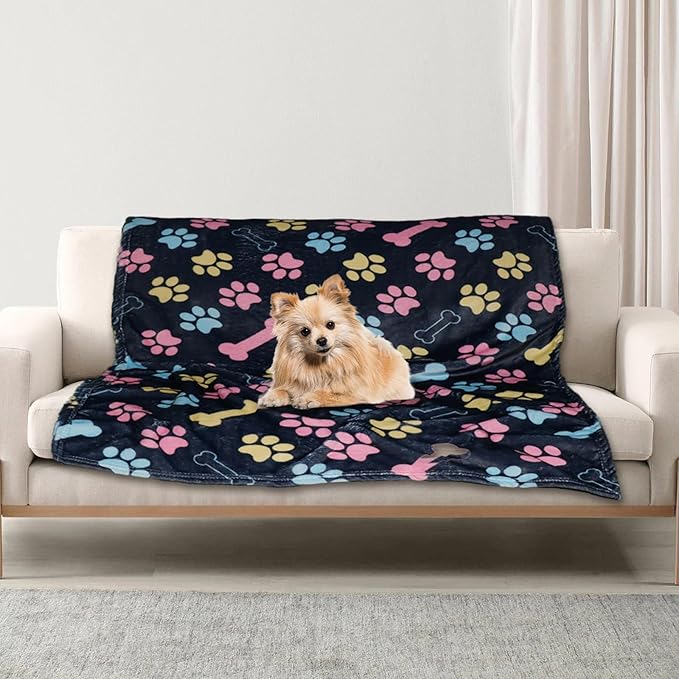 Gowyeg Dog Blanket for Large Dogs, Soft Flannel Cute Paw Navy Blue 50"x40"