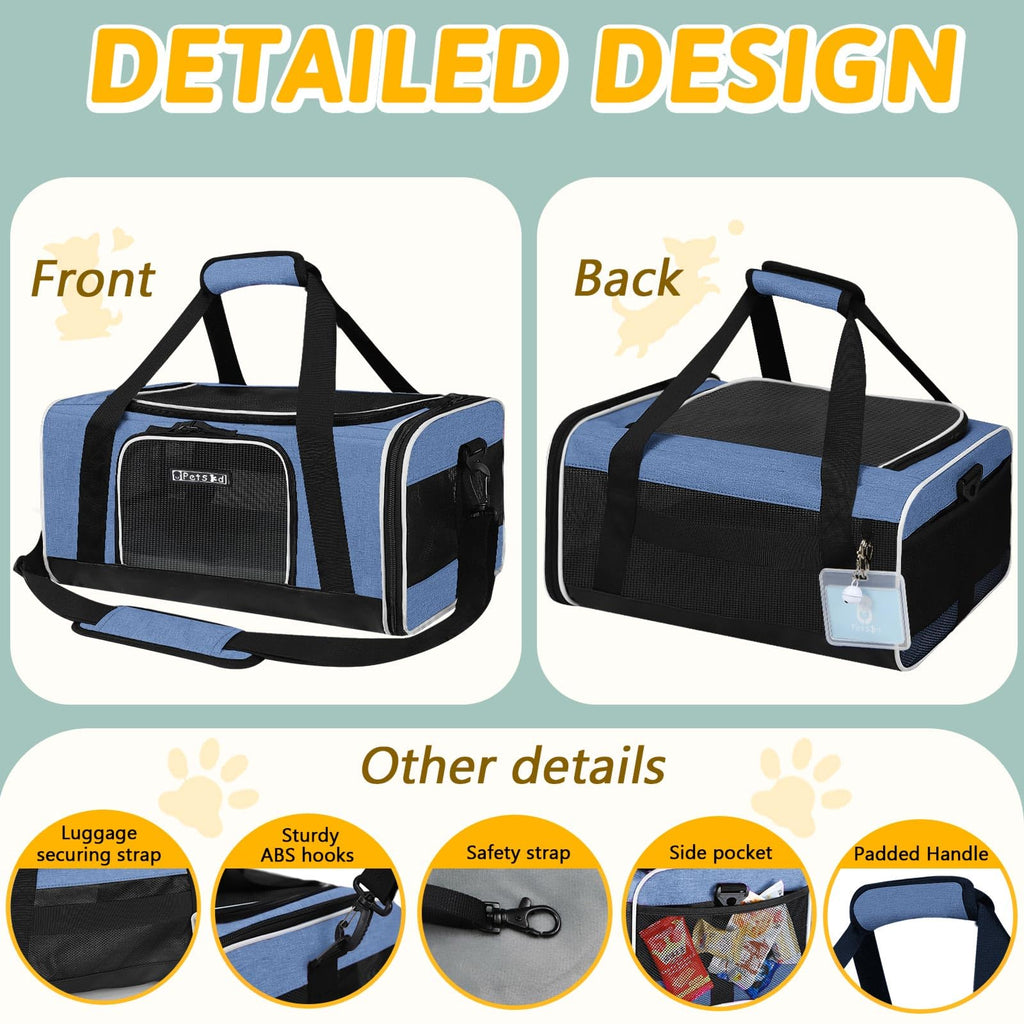 Petskd Small Pet Carrier 17" L x 11" W x 9.5" H Airline Approved, Blue