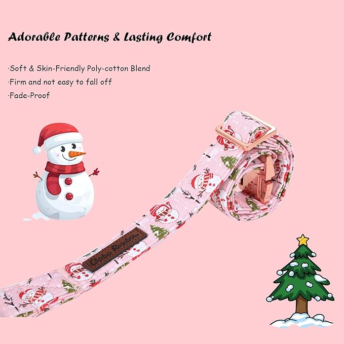 Bobo Rainbow Christmas Dog Collar, Christmas Tree and Snowman Print Cute Winter Holiday Collars Cotton Adjustable Comfortable Pink Dog Collar with Bow,Stylish Collars for Small Girl Dogs