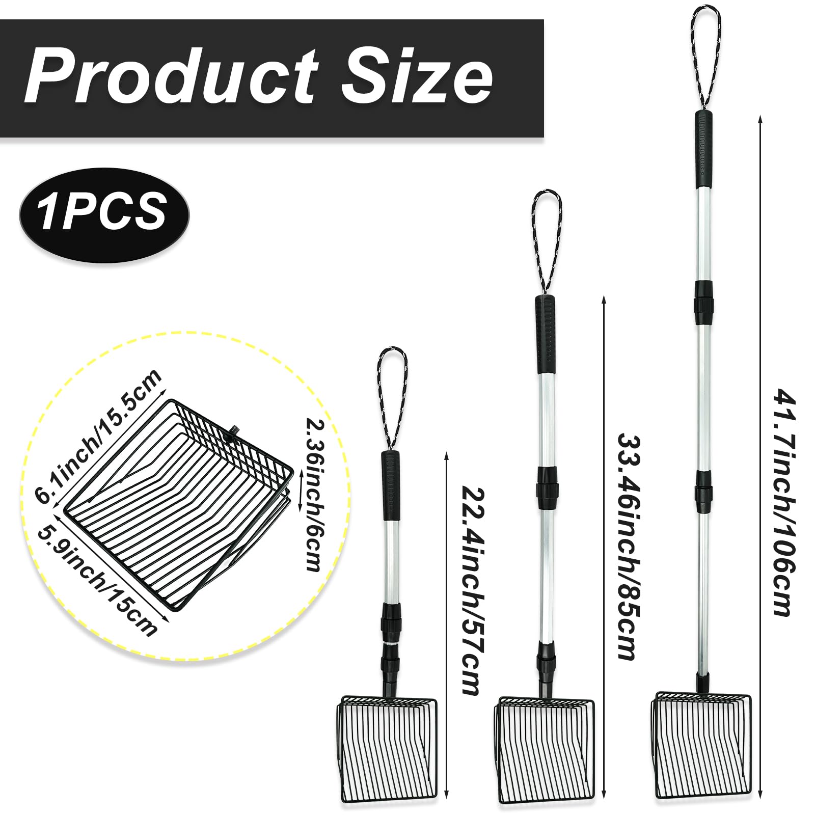 Chicken Poop Scooper 3 in 1 Adjustable Long Handle Litter Metal Scoop Heavy Duty Metal Chicken Poop Scooper Litter Sieving Shovel, Chicken Coop Accessories (22-41.7")