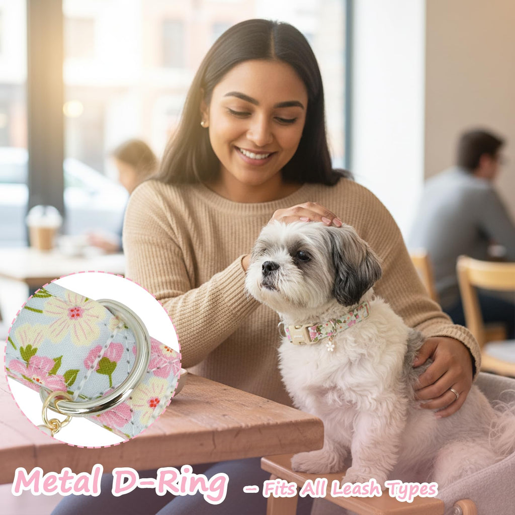 Astdogio Dog Collar for Small Medium Large Dogs, Spring Blue Dog Collars with Pink & White Flowers, Adjustable Cotton Dog Collars, Cute Girl or Boy Dog Collar Ideal for Gifts,Pet Accessory,L