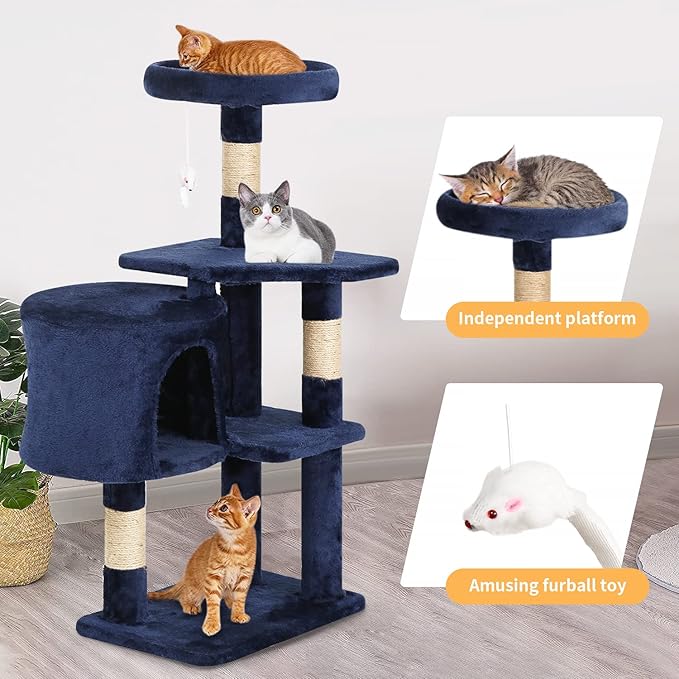 BestPet | 36" Cat Tree Tower | Navy Blue | Sturdy Multi-Level Cat Tree with Plush Condo, Cozy Perch, Sisal Scratching Posts, Hanging Toy and Stable Frame | Easy Assembly | for Kittens & Adult Cats