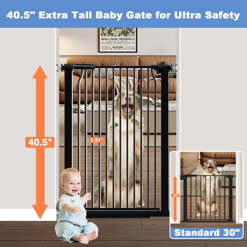 flower frail 40.5" Extra Tall Baby Gate for Stairs, 29.5"-40.5" Extra Wide Dog Gate Indoor for The House, Auto Close Pressure Mounted Safety Child Toddler Gate, Pet Gate for Doorways Kitchen, Black