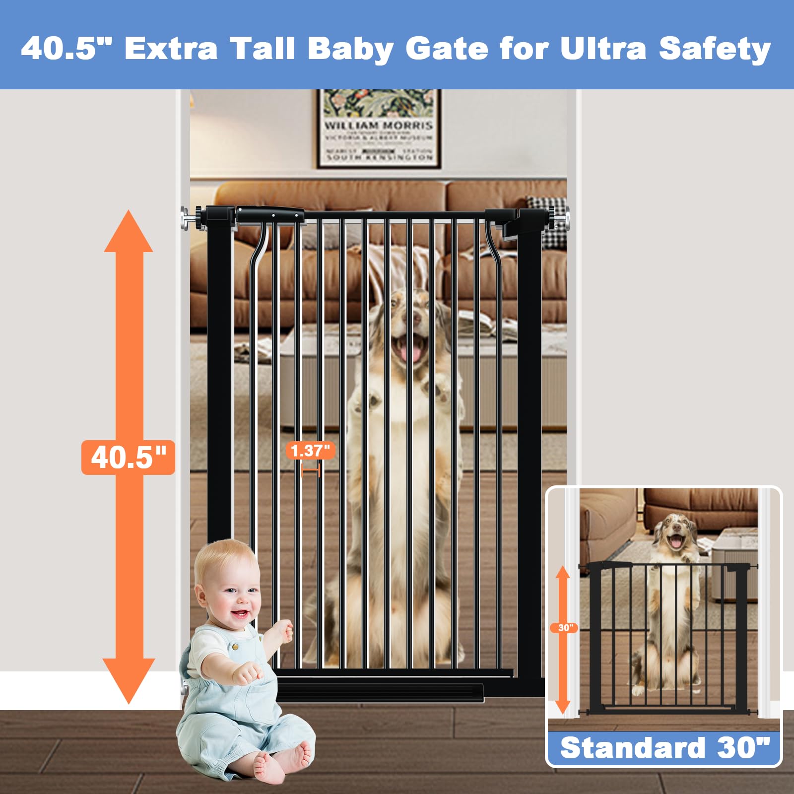 flower frail 40.5" Extra Tall Baby Gate for Stairs, 29.5"-40.5" Extra Wide Dog Gate Indoor for The House, Auto Close Pressure Mounted Safety Child Toddler Gate, Pet Gate for Doorways Kitchen, Black