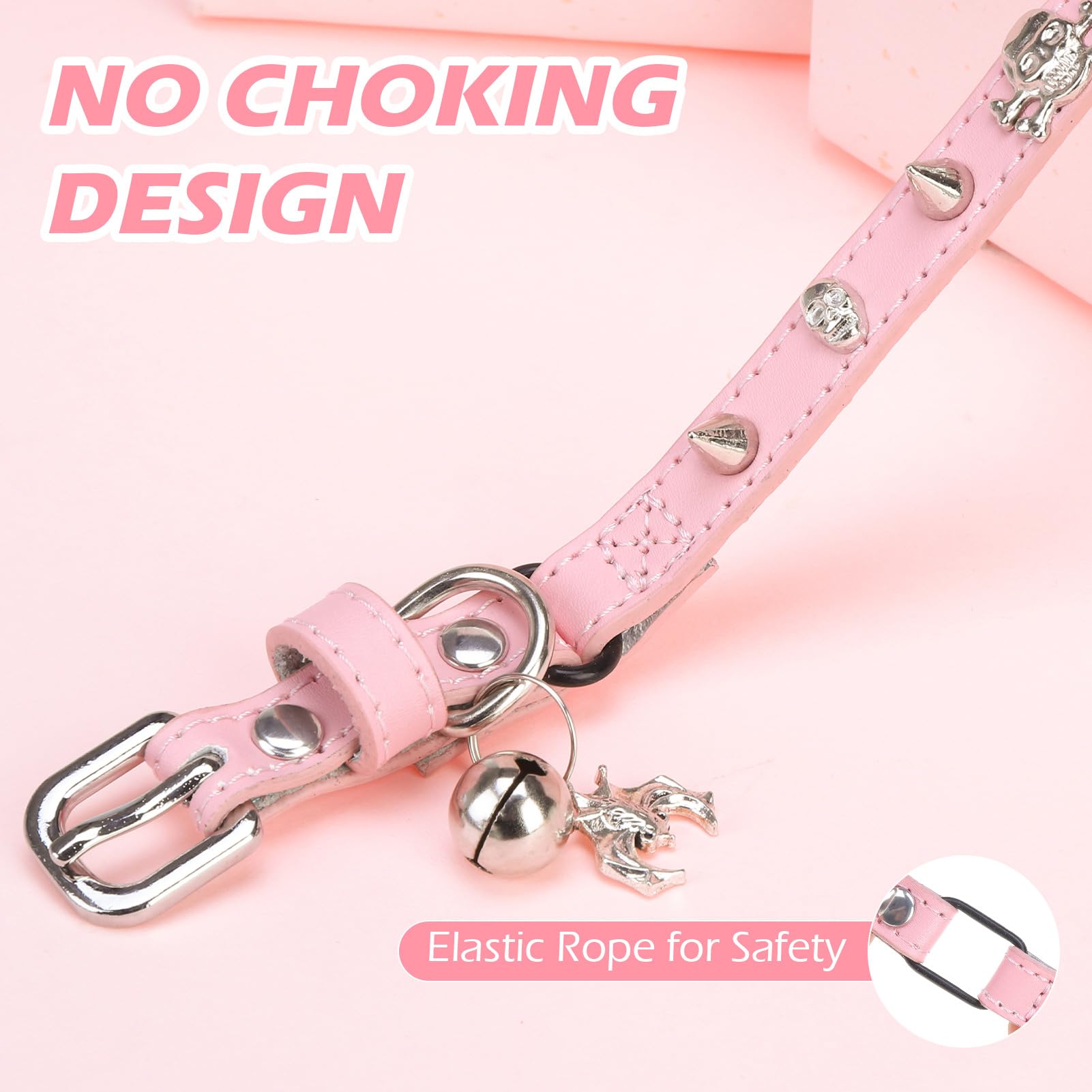 EXPAWLORER Leather Cat Collar for Girl Boy Cats,Pink(Rivet & Skull)