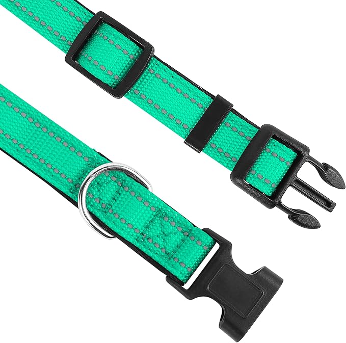 PWOD Reflective Dog Collar, Adjustable Soft Neoprene Padded Nylon Pet Collars with Buckle for Puppy and Small Dogs, Cats, Grass Green,XS
