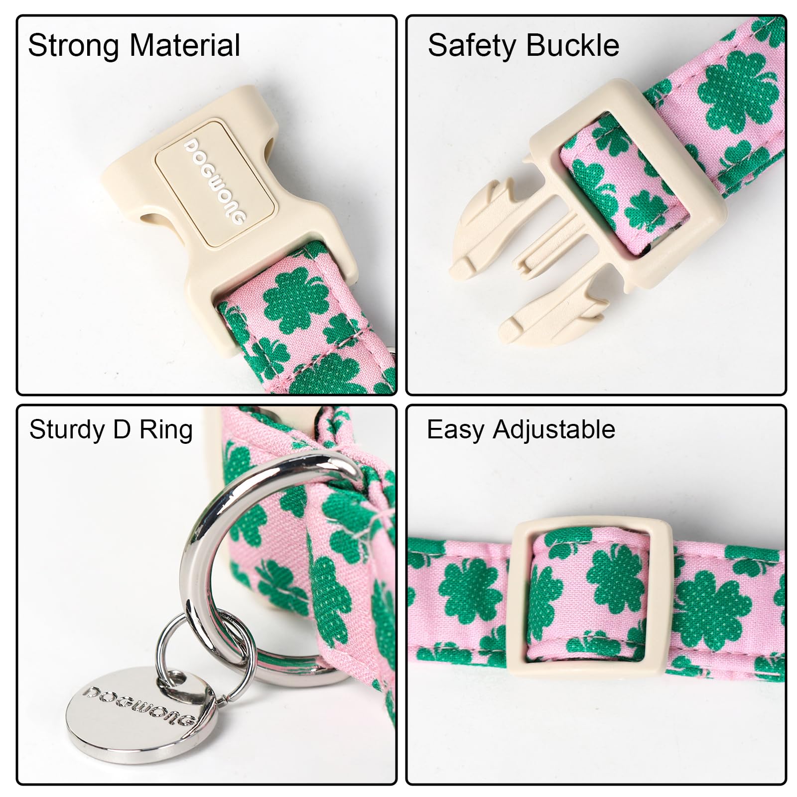 DOGWONG St. Patrick's Day Dog Collar, Pink Lucky Clover Shamrock Dog Collar Soft Durable Adjustable Costume Lucky Charm Puppy Collar for Small Medium Large Dog
