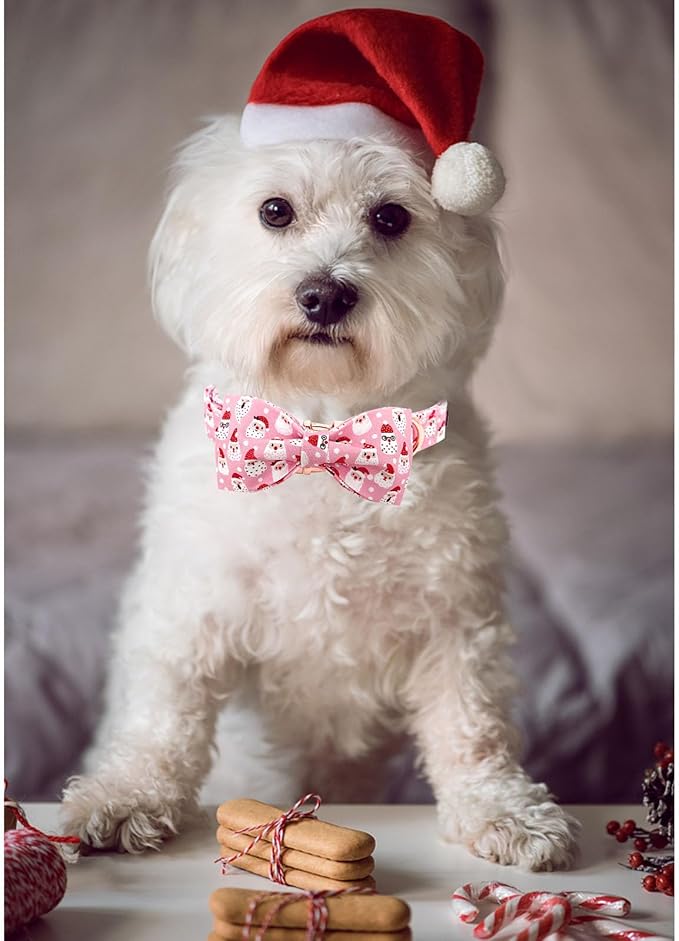 Bobo Rainbow Dog Collar, Christmas Pink Santa Claus Cotton Pet Collar Bow Holiday Girl Boy Cute Puppy Collar Adjustable Pet Collar for Medium Dogs