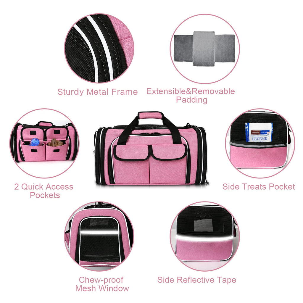 Estarer Soft Sided Pet Carrier Airline Approved, 4 Sides Expandable Collapsible Cat Carrier with Pockets & Removable Fleece Pad, Travel Carrier Bag for Cat Dog & Small Animals (Pink)