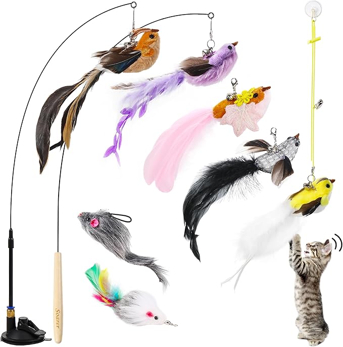 Soarer 4in1 Interactive Cat Wand Toys with Suction Cup for Indoor Cat