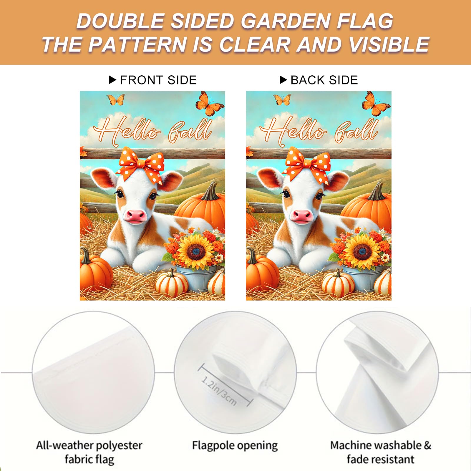 BlissYard Hello Fall Garden Flag 12x18Inch Calf Pumpkins Decor