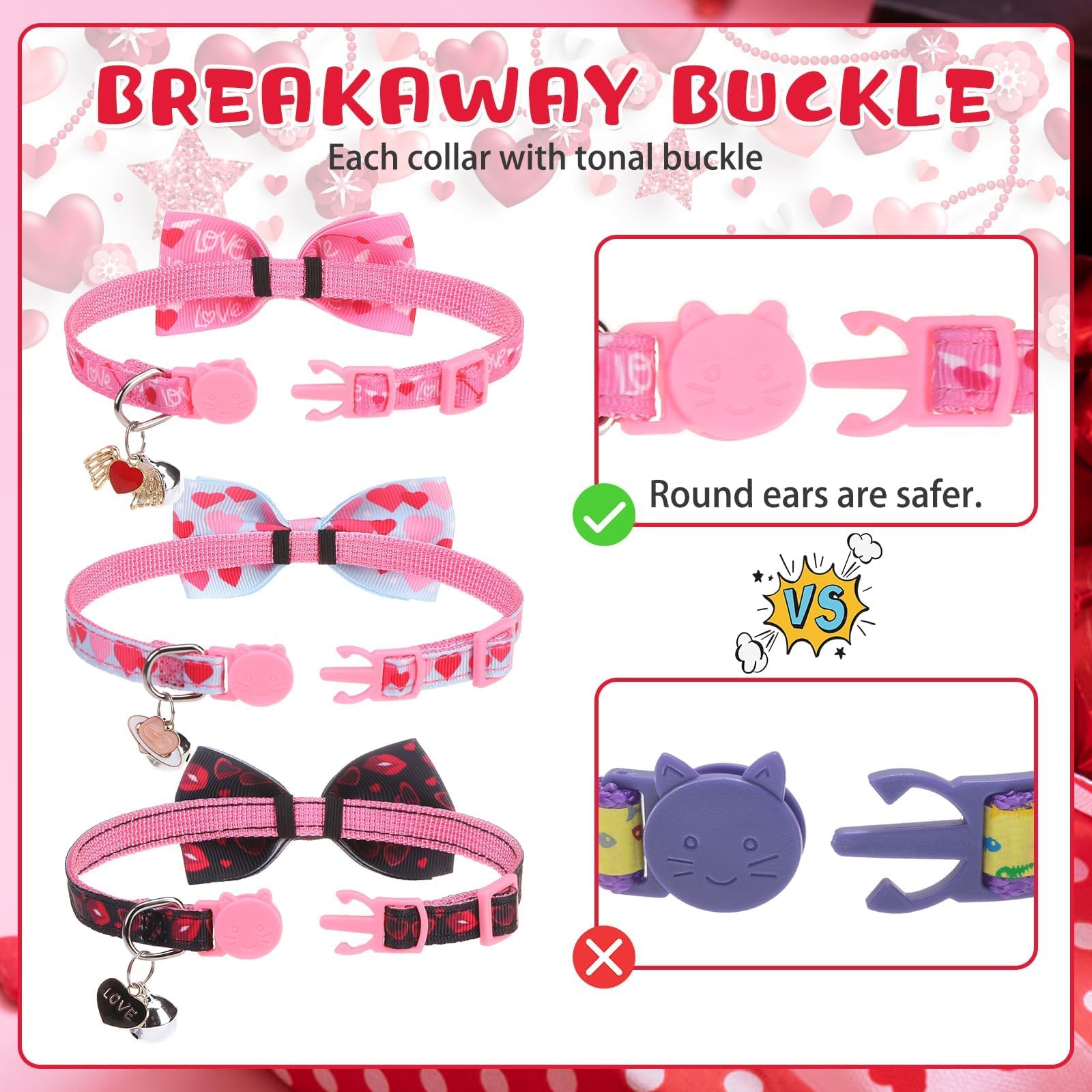 KOOLTAIL Pink Cute Cat Collars Breakaway with Bowtie and Bells, 3 Pack Girl Kitten Collars, Adjustable Safety Buckle Heart Charm Pendant Pet Collars for Kitty Boys Girls Cats Holiday