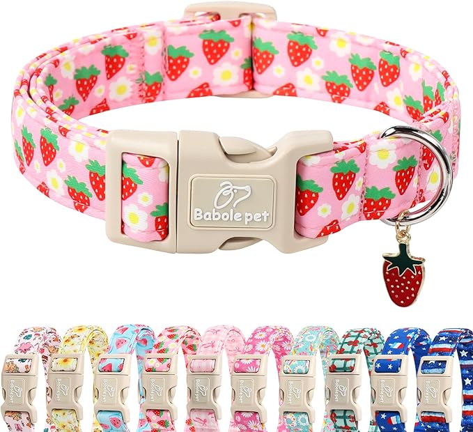 Babole Pet Cute Spring/Summer Dog Collar, Adjustable Pink Strawberry Dog Collars for Medium Dogs, Lightweight Quick-Release Buckle Collar for Boy&Girl Dogs M