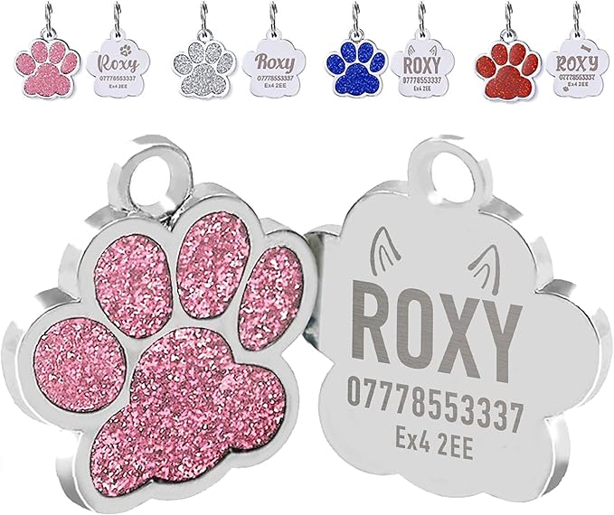 EDSG Cat Dog Tags Personalized for Pets, Dog Name Tags Cat Name ID Tag, Engraved Dog Tags Dog ID Tags Small Glitter Bling ID Tag Paw Print for Cat Pet Dog Puppy(Blue