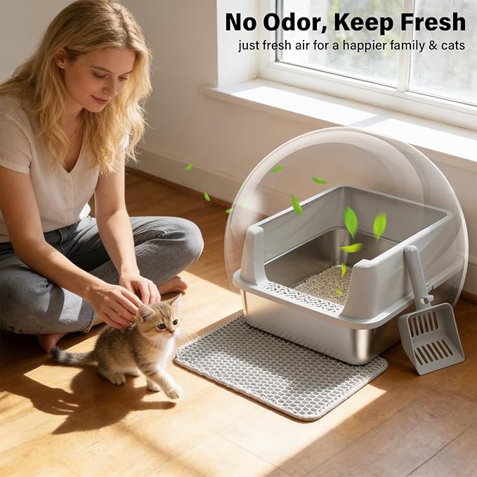 Exovyn Stainless Steel Litter Box with Lid,Kitten Litter Box for Small Cats