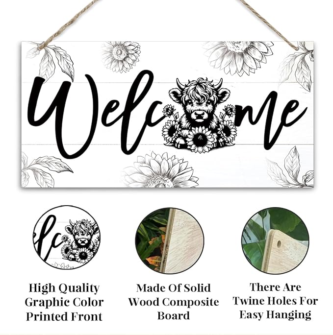Welcome Sign for Front Door, Welcome Decor Wooden Hanging Sign, Highland Cow and sunflowers Pattern Wall Signs, Rustic Funny Wooden Outdoor Front Door Hanging Decoration 13.8X6.9 inches