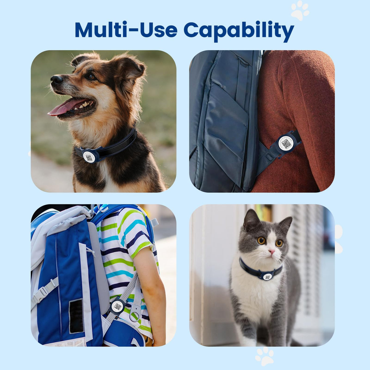 Smart Pet Tracker for Collar - Dog Trackers Location for Pet with Holder, No Monthly Fee, Real-Time Tracking, iOS Only, Emergency Contact, Long-Lasting, Anti-Lost Tracker for Cats, Bag Straps,Blue