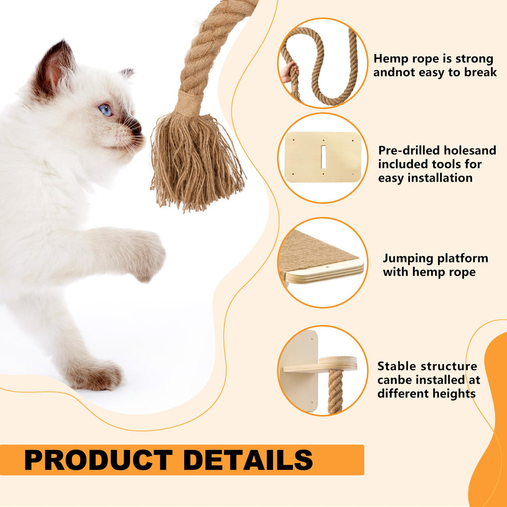 Cat Wall Shelves with 2 x 60 Inch Climbing Rope, Wall Mounted Cat Tree