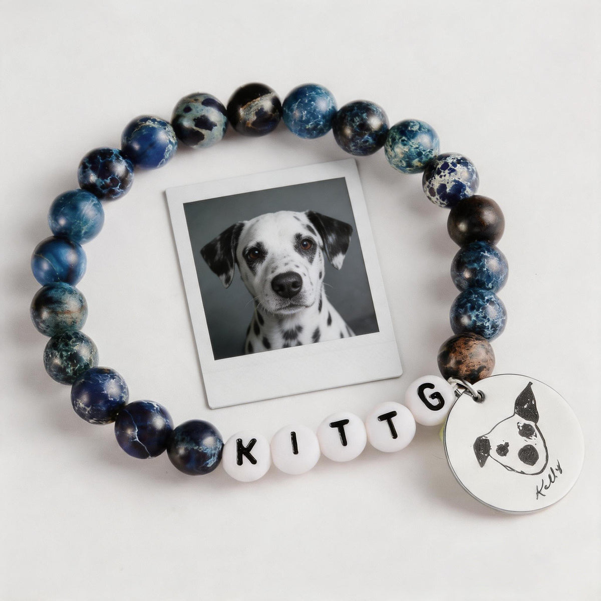 Cring Coco Custom Pet Portrait Bracelet Dog Cat Loss Memorial Keepsake Gift, Photo Engraved with Name Stretch Natural Stone Bracelets Funeral Jewelry,Initial Peanuts in Memory Remembrance Cat Dog