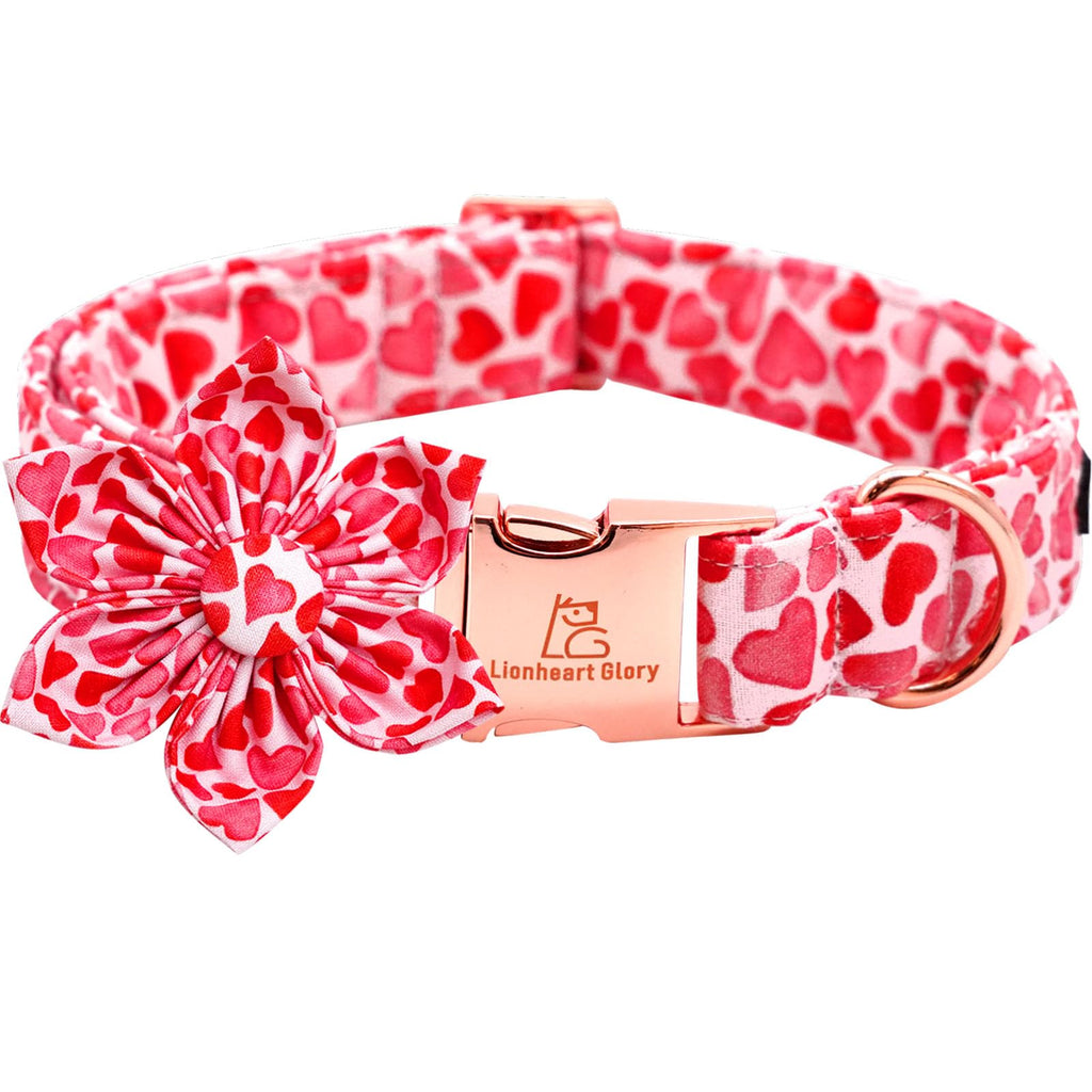 Lionheart glory Valentine's Day Dog Collar with Flower Dog Collars Red Hearts Dogs Collar with Bowtie for Large Dogs Spring Puppy Pet Collars Bows