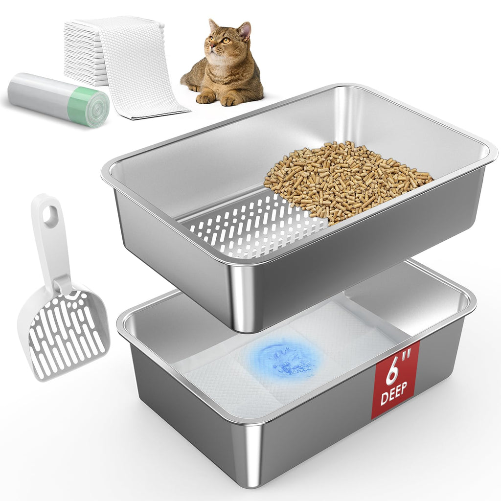 SuzziPaws L Stainless Steel Sifting Litter Box for Pine Pellets Multi-Cats