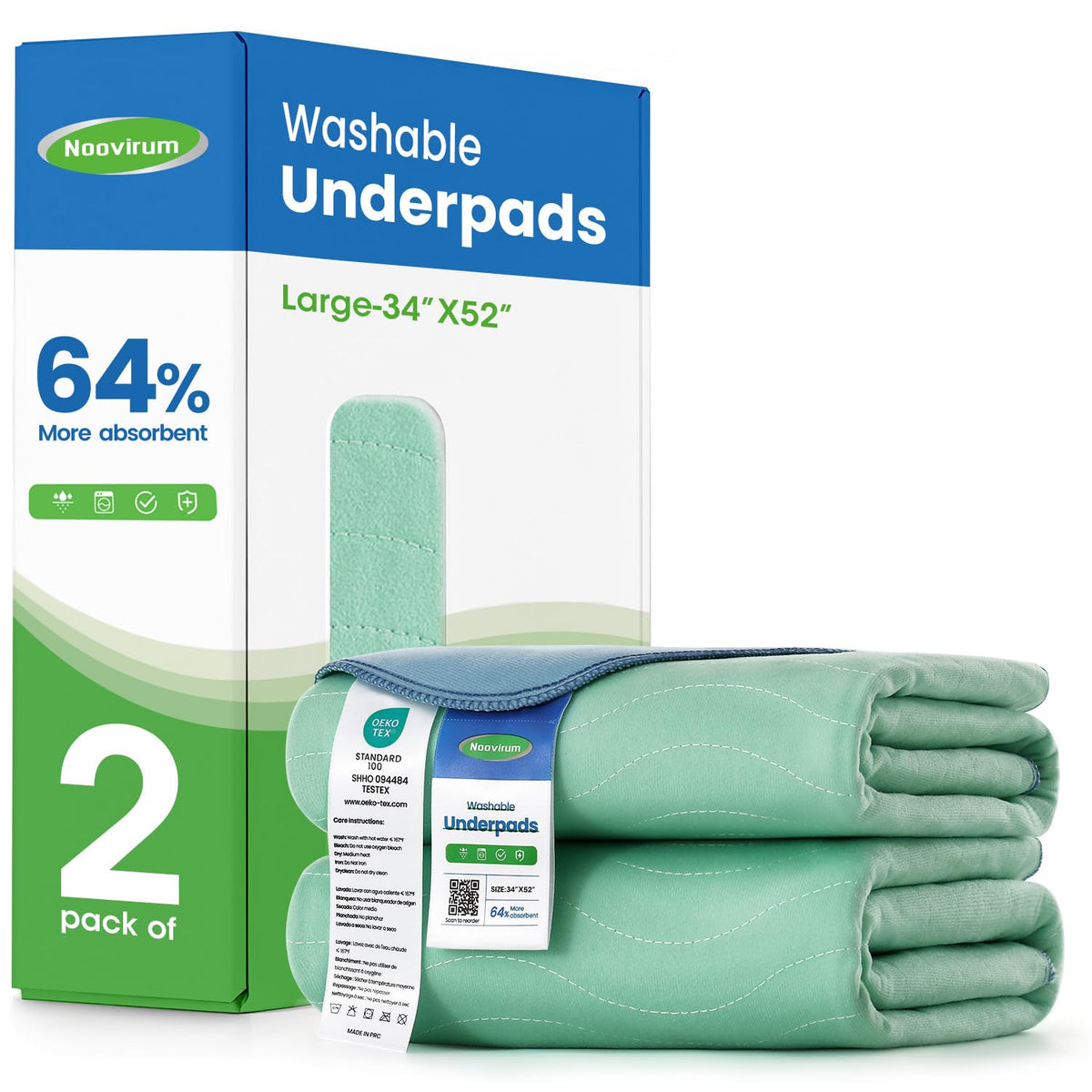 Noovirum Chuck Pads Washable - 34"x52"(Pack of 2) - Reusable Bed Underpads for Adults - Chux Pads for Incontinence - Heavy Absorbency Waterproof Mattress Protector for Elderly, Bedwetting, Postpartum