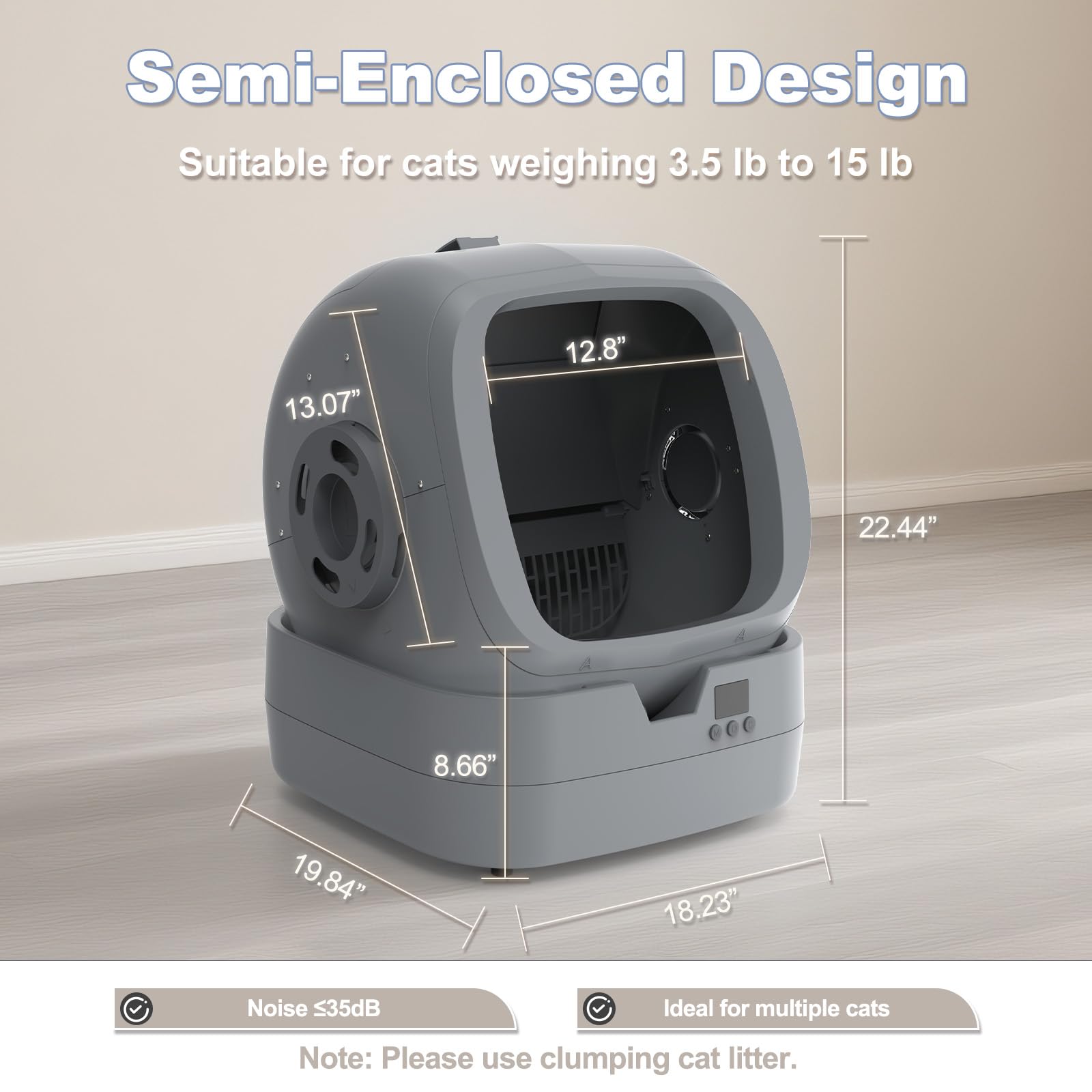 UPFAS Automatic Cat Litter Box Self Cleaning - APP Control - Weight Monitoring - Ultra-Quiet, Medium Cats and Kittens Litter Box, Safe Anti-Pinch【Assembly Required】- Grey