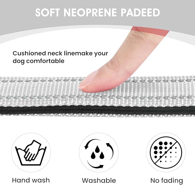 PenSeepet Reflective Dog Collar Padded with Soft Neoprene Breathable Quick Release Basic Dog Collars for Medium Large Dogs Boy Girl Silver