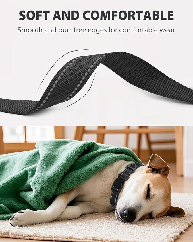 Joytale Dog Collar for Large Dogs, Strong Double-Sided Reflective Nylon Collar for Night Safety, Adjustable Quick-Release for Daily Walking, Black, L (1" Width)