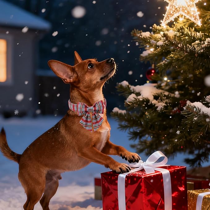UP URARA PUP Christmas Plaid Dog Collar with Bow, Red and Blue Check Adjustable Pet Collar with Quick Release, Christmas Stripes Bowtie Collar for Small Medium Large Dogs L