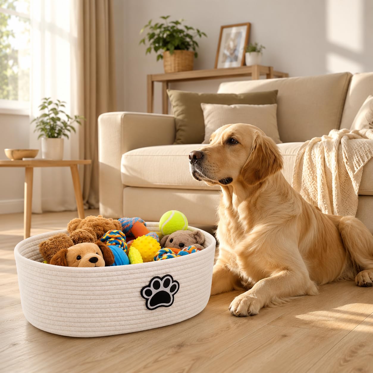 Woven Basket,Dog Toys Basket with Handle,Cute Cotton Gift Baskets Empty for Puppy Leash,Blanket Food, Accessories Pet and Household Storing