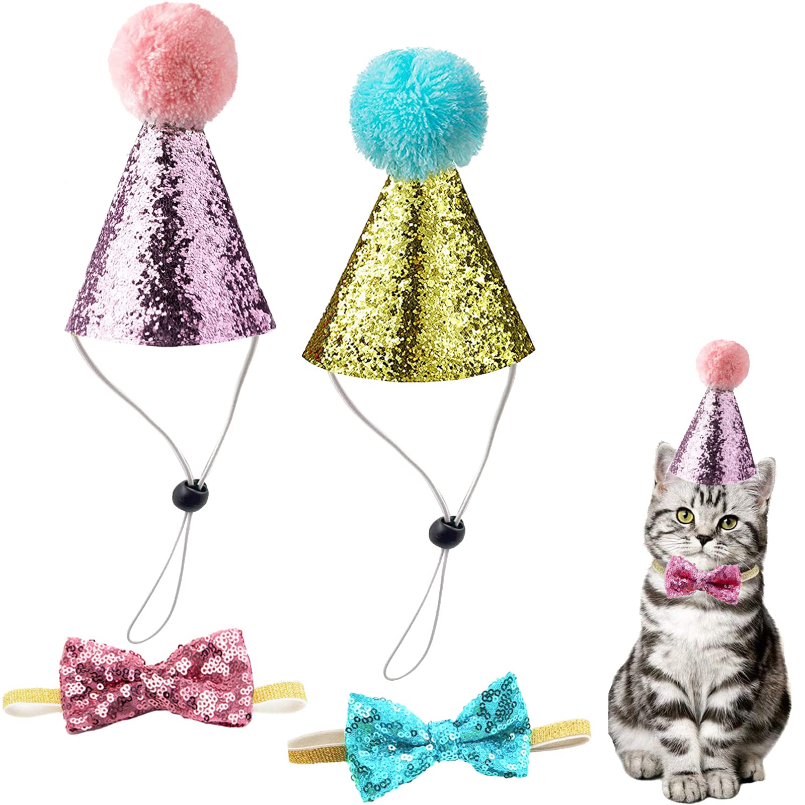 Christmas Pet Party Jazz Hat and Blingbling Bow Tie Breakaway Collar Set, Adjustable Headband for Kitten Puppy Small Dogs Cats (2/LB-Pink2)