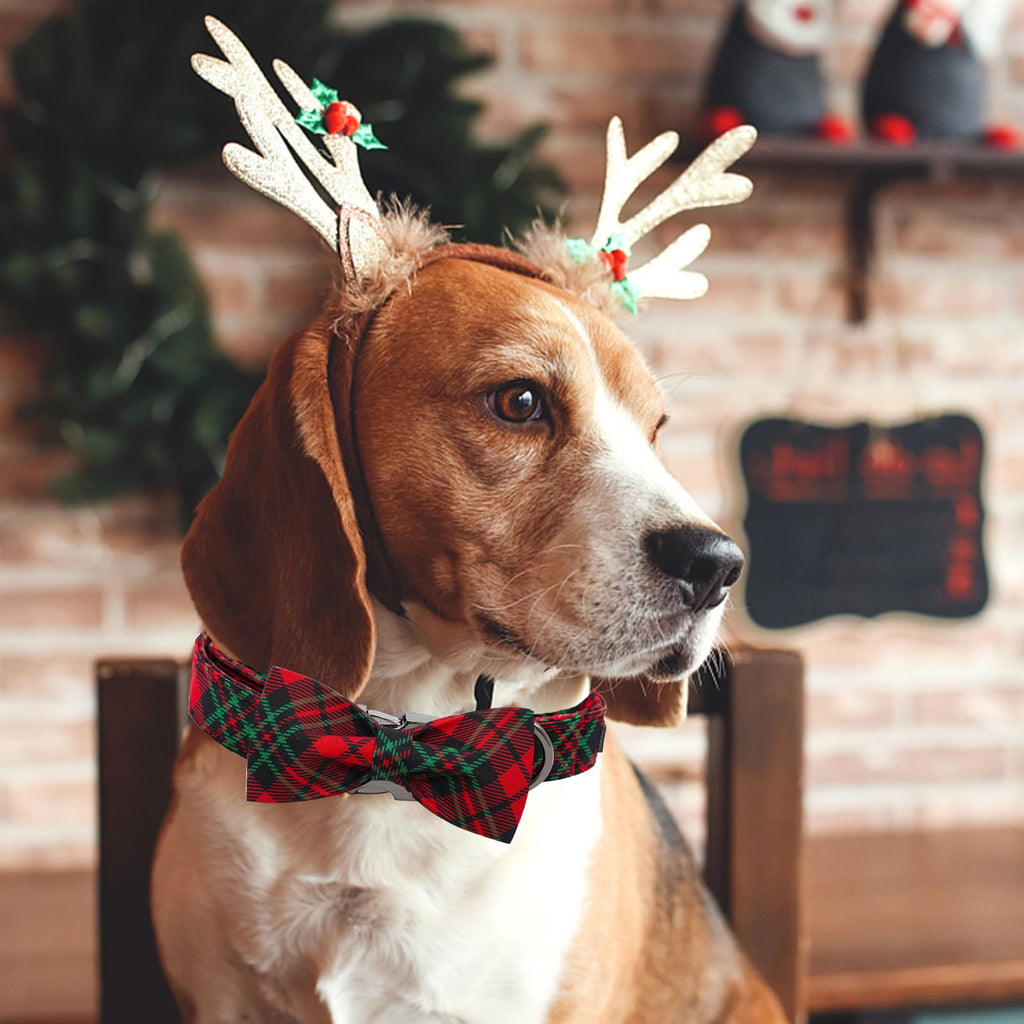 Bobo Rainbow Dog Collar, Christmas Dog Collar Plaid Pet Collar Bow Holiday Bows Girl Boy Puppy Collar Adjustable Pet Collar for X-Large Dogs