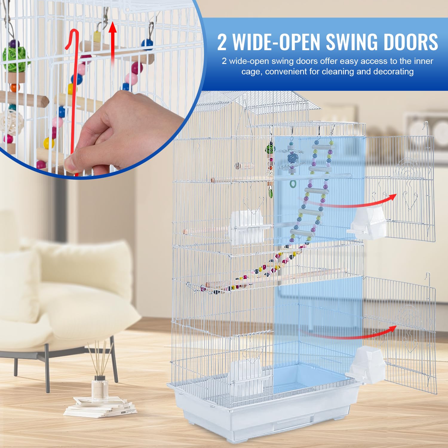 FDW 39 Inch Bird Cage Parakeet Cage with Play Top Rolling Stand & Easy Clean Pull-Out Tray Roof Top Parrot Cage for for Finches Canaries Parakeets Cockatiels & Other Small Birds, White
