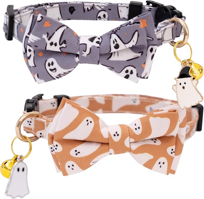 Faygarsle 2 Pack Fall Pumpkin Cat Collar with Bow Tie and Bell, Breakaway Safety Buckle, Pink and White