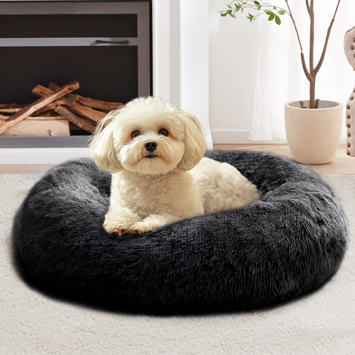 JOLLYVOGUE Calming Dog Bed for Small Dogs - 23 inches Donut Washable Small Dog Bed for Kittens & Puppies, Anti-Slip Round Fluffy Plush Faux Fur Cat Beds (Fits up to 25 lbs Pets, Purple)