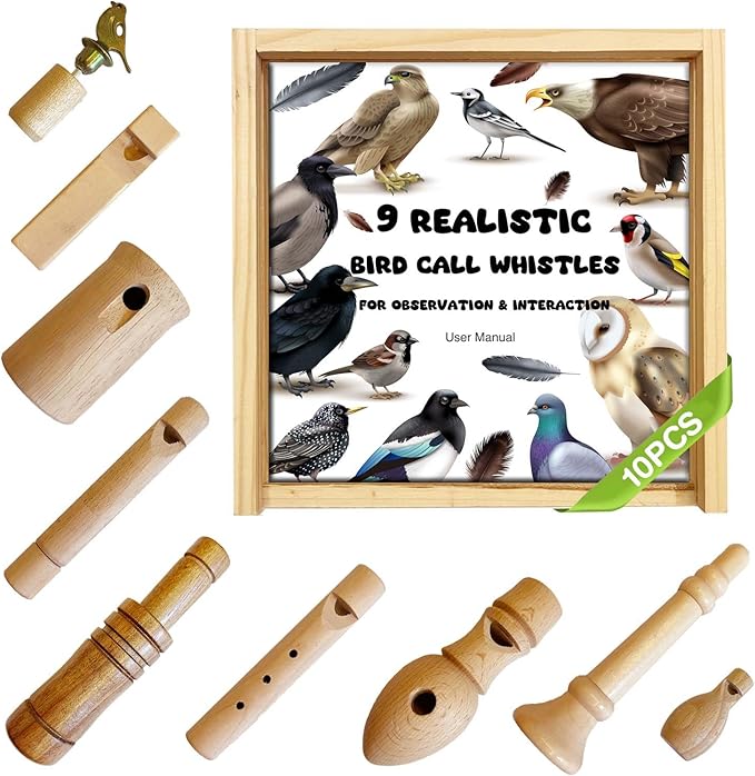 ZDH 9-Piece Wooden Bird Call Set – Handcrafted Bird-Call in Glass Wooden Box for Birdwatchers, Nature Lovers, Outdoor Exploration & Education All