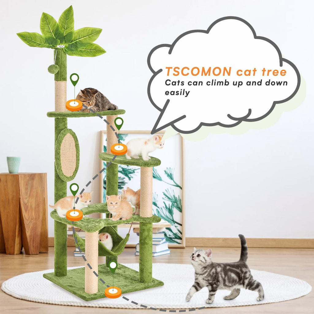 TSCOMON Cat Tree for Indoor Cats, 55 Inch Cat Tower with Rotating Scratching Board, 4 Sisal Posts & Leaf Top Design, Modern Cat Furniture for Multiple Cats (No House), Green