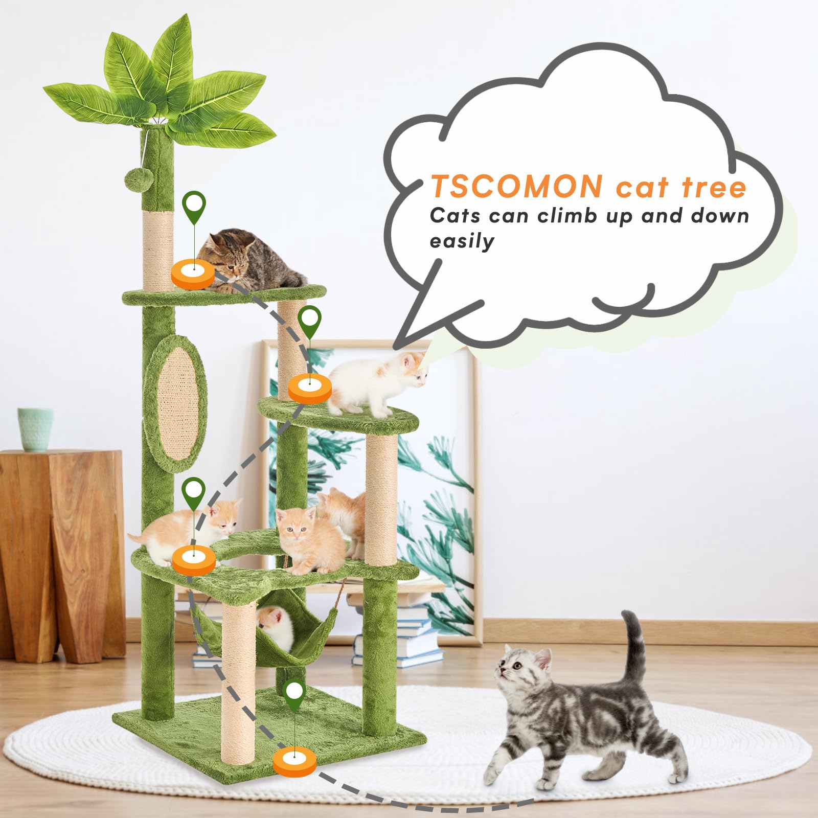 TSCOMON Cat Tree for Indoor Cats, 55 Inch Cat Tower with Rotating Scratching Board, 4 Sisal Posts & Leaf Top Design, Modern Cat Furniture for Multiple Cats (No House), Green