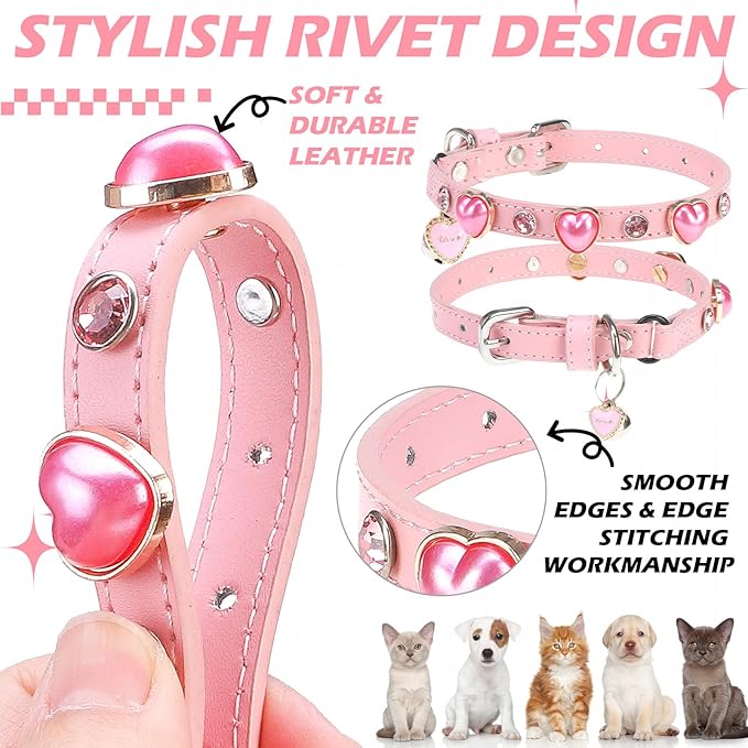 EXPAWLORER Leather Cat Collar for Girl Boy Cats,Pink(Heart Diamond Rivet)
