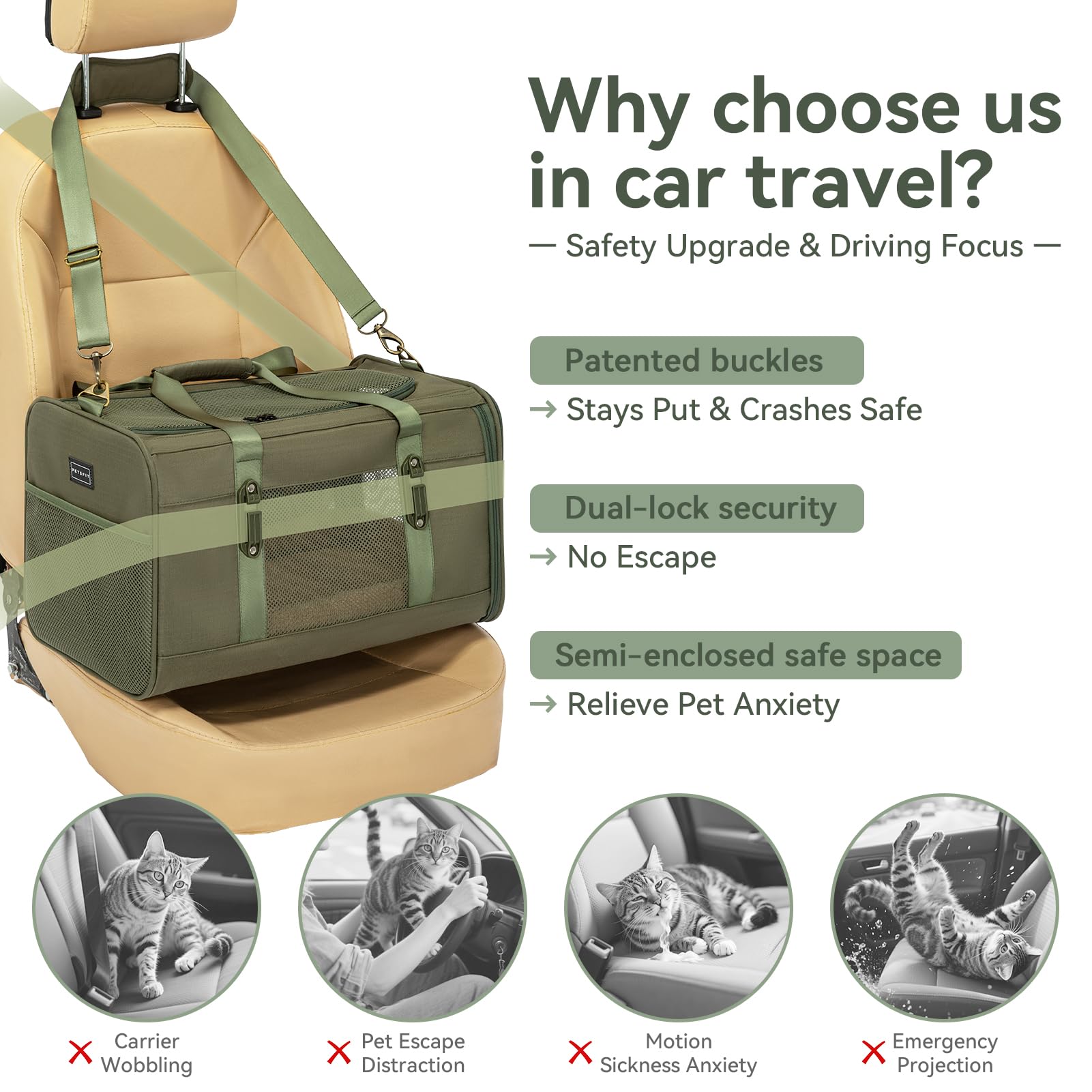 Petsfit 19x12x12 Pet Carrier for Large Cats (up to 20 lbs), Soft-Sided Small Dog Travel Carrier, Upgraded with Patented Buckle and Soft Padding, Ideal for Car Road Trips Green
