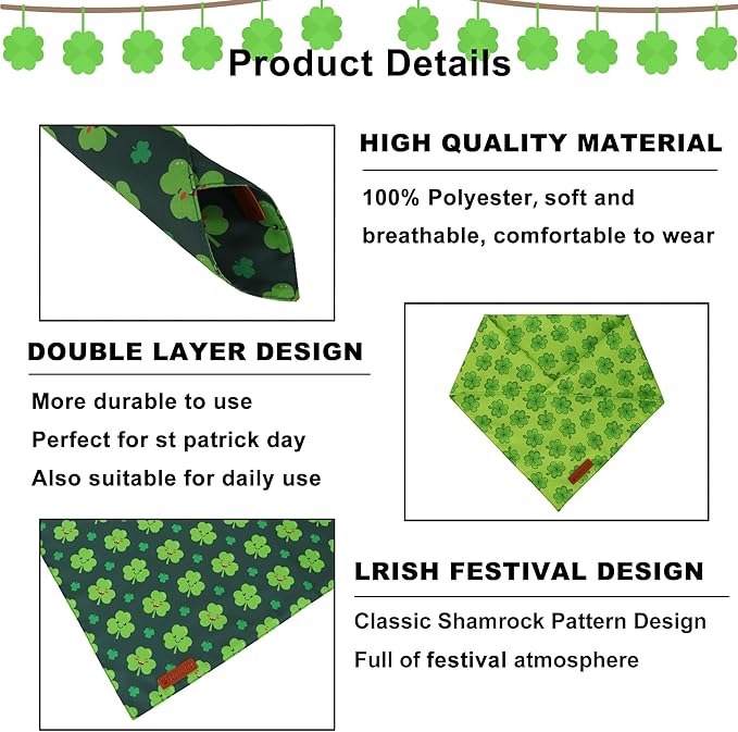 ADOGGYGO St Patrick Dog Bandana 2 Pack, Reversible Shamrock Pet Scarf Bib, Adjustable Fit Green St Patricks Day Bandanas for Medium Large Dogs (Large)