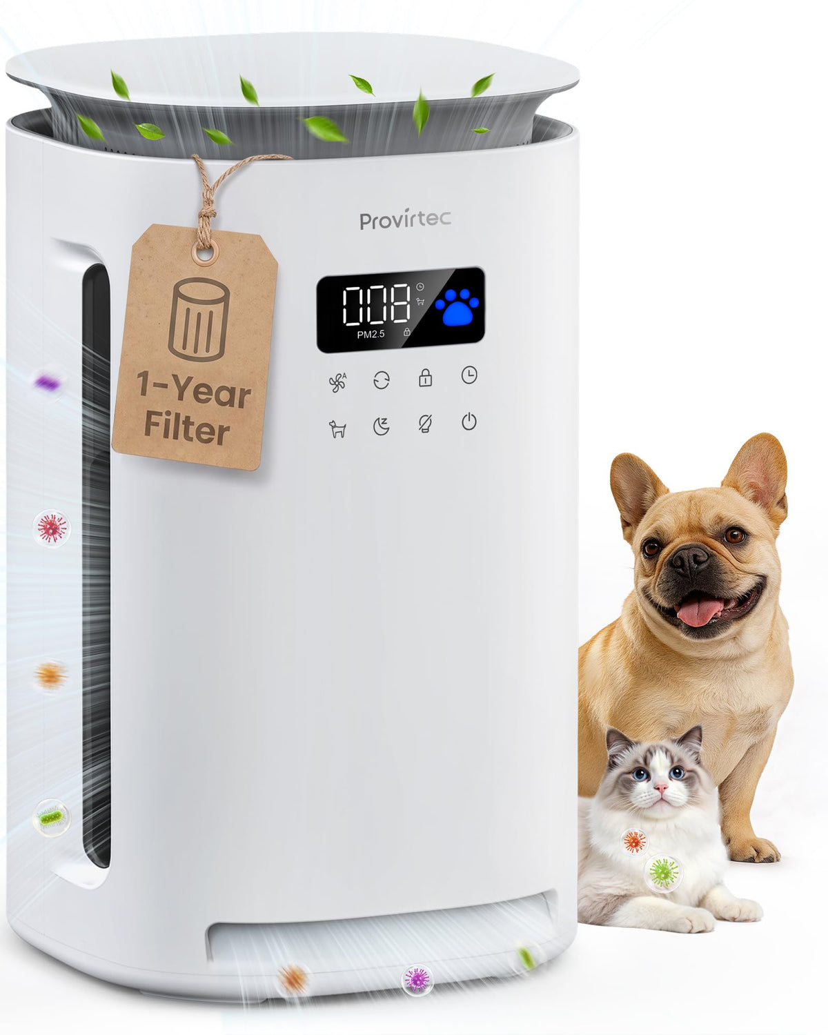 Provirtec Pet Air Purifier for Home with 2 Washable Pre-Filters, H13 HEPA