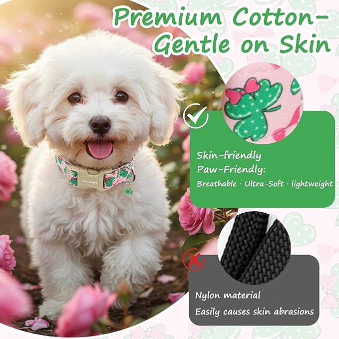 St. Patrick's Day Dog Collar,Pink Bow with Lucky Shamrock Puppy Collar,Adjustable Spring Cotton Collars Gifts for Small Medium Large Dogs,Dog Accessories M
