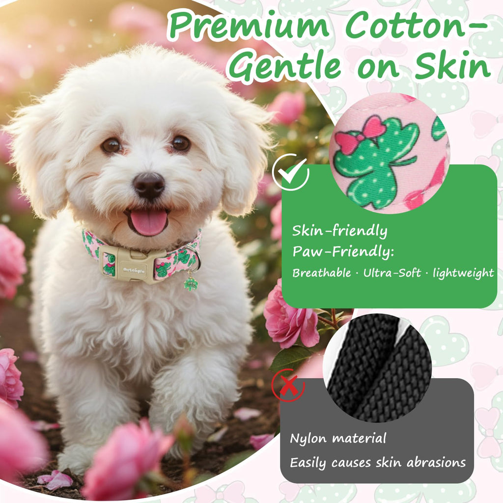 Astdogio St. Patrick's Day Dog Collar,Pink Bow with Lucky Shamrock Puppy Collar,Adjustable Spring Cotton Collars Gifts for Small Medium Large Dogs,Dog Accessories S